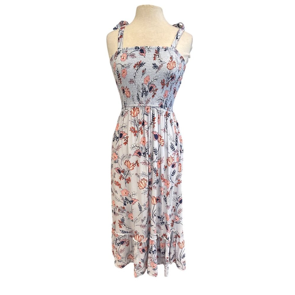Japna Floral Smocked Midi Dress With Tie Straps & Ruffled Hem - Light Blue Pink